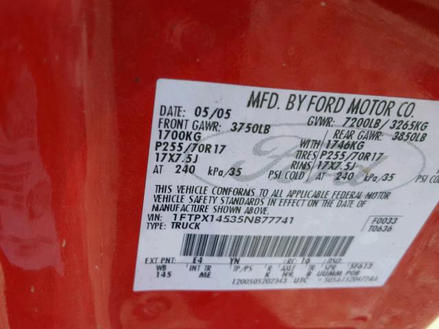 1FTPX14535NB77741 - 2005 FORD F150 RED photo 10