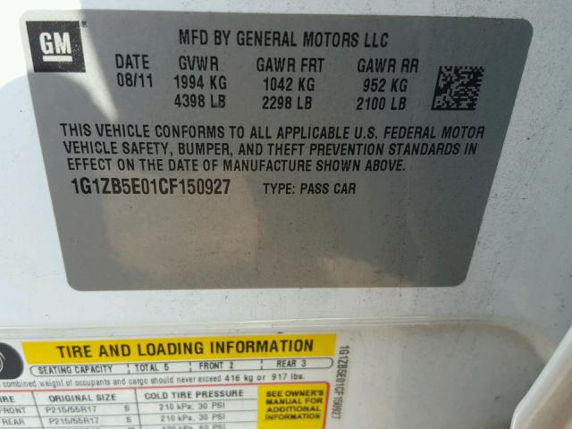 1G1ZB5E01CF150927 - 2012 CHEVROLET MALIBU LS WHITE photo 10