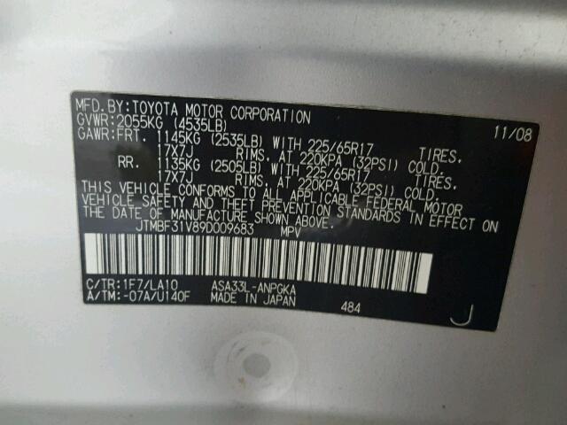 JTMBF31V89D009683 - 2009 TOYOTA RAV4 LIMIT SILVER photo 10