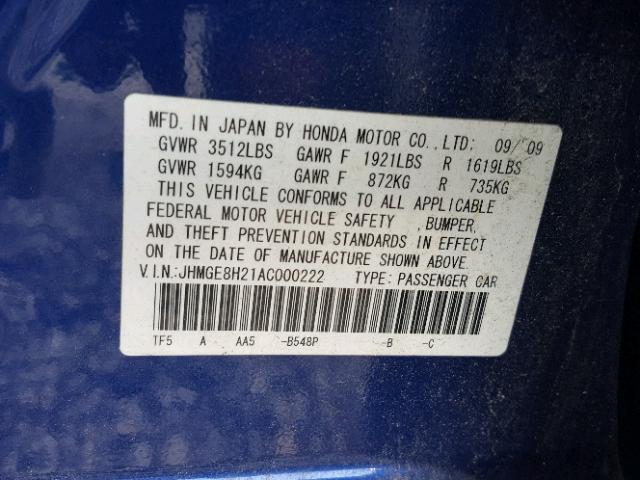 JHMGE8H21AC000222 - 2010 HONDA FIT BLUE photo 10