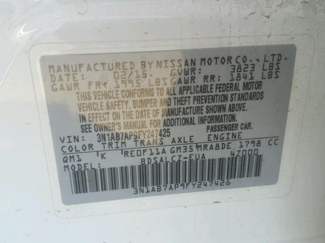 3N1AB7AP9FY247425 - 2015 NISSAN SENTRA S WHITE photo 10