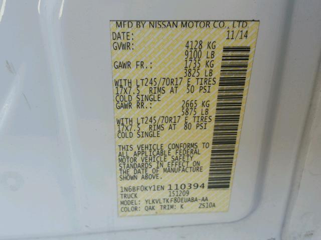 1N6BF0KY1EN110394 - 2014 NISSAN NV 1500 WHITE photo 10