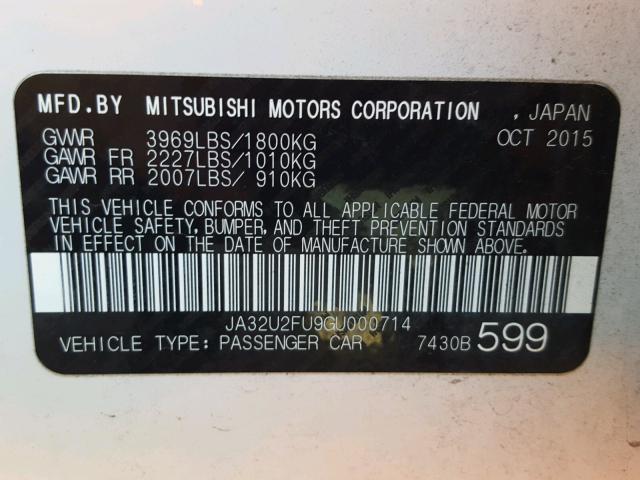 JA32U2FU9GU000714 - 2016 MITSUBISHI LANCER ES WHITE photo 10