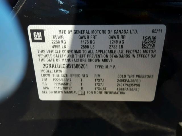 2GNALDEC9B1306201 - 2011 CHEVROLET EQUINOX LT BLACK photo 10