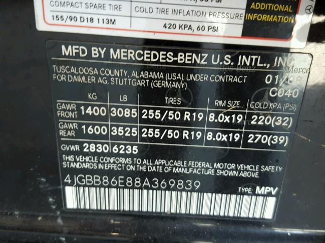 4JGBB86E88A369839 - 2008 MERCEDES-BENZ ML 350 BLACK photo 10