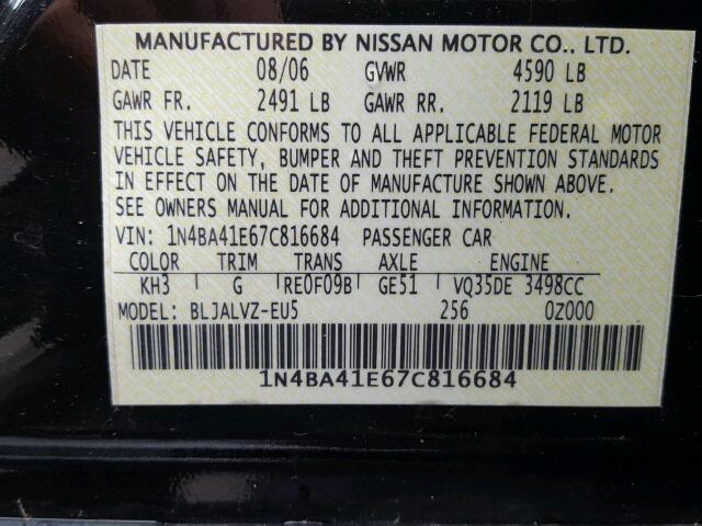 1N4BA41E67C816684 - 2007 NISSAN MAXIMA BLACK photo 10