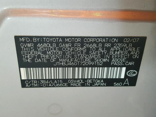 JTHBJ46G172099152 - 2007 LEXUS ES BEIGE photo 10