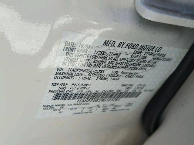 1FAHP24W29G105285 - 2009 FORD TAURUS SEL WHITE photo 10