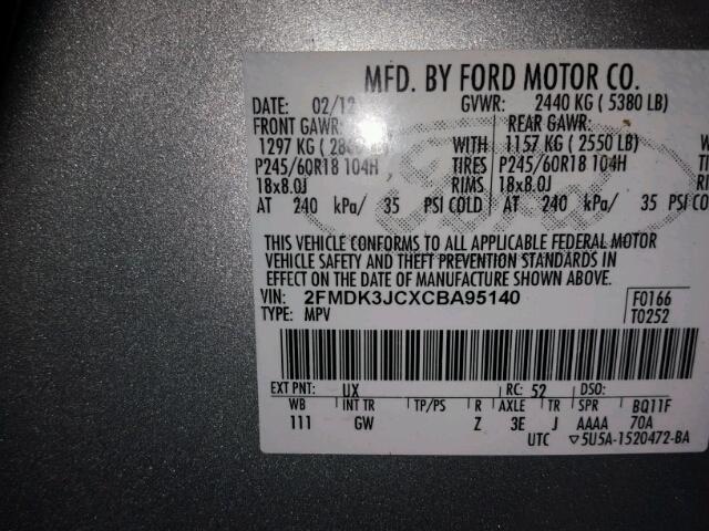 2FMDK3JCXCBA95140 - 2012 FORD EDGE SEL SILVER photo 10