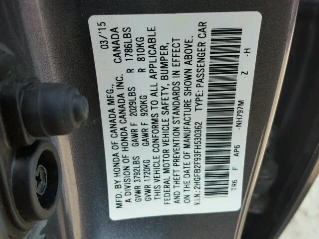 2HGFB2F93FH530362 - 2015 HONDA CIVIC EXL 灰色 照片 10