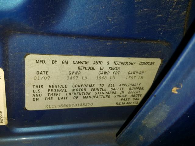KL1TD56697B128270 - 2007 CHEVROLET AVEO BASE Niebieski zdjęcie 10