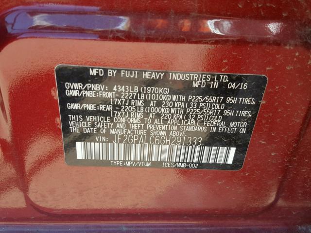 JF2GPALC6GH291333 - 2016 SUBARU CROSSTREK RED photo 10