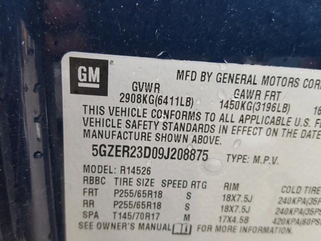 5GZER23D09J208875 - 2009 SATURN OUTLOOK XR ლურჯი ფოტო 10