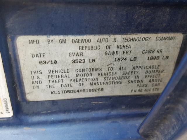 KL1TD5DE4AB109269 - 2010 CHEVROLET AVEO LS BLUE photo 10