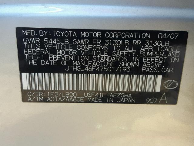 JTHGL46F475017193 - 2007 LEXUS LS 460L SILVER photo 10