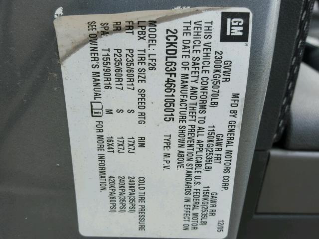 2CKDL63F466105015 - 2006 PONTIAC TORRENT GRAY photo 10