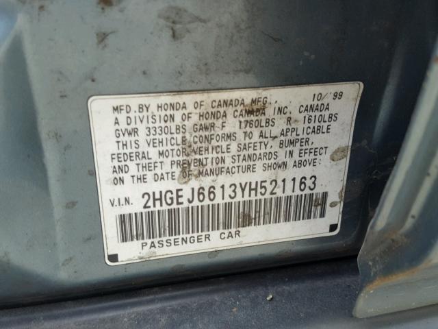 2HGEJ6613YH521163 - 2000 HONDA CIVIC BASE Mavi foto 10