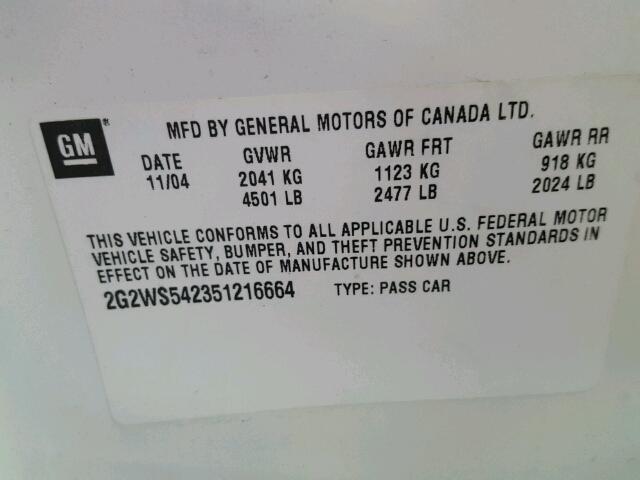 2G2WS542351216664 - 2005 PONTIAC GRAND PRIX WHITE photo 10