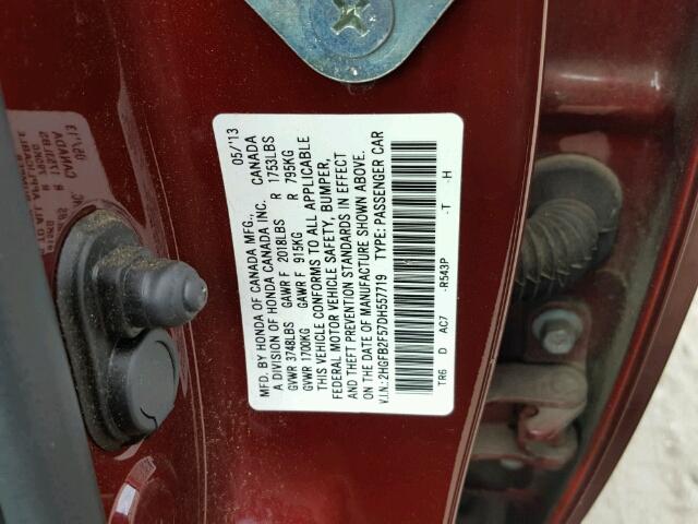 2HGFB2F57DH557719 - 2013 HONDA CIVIC LX MAROON photo 10