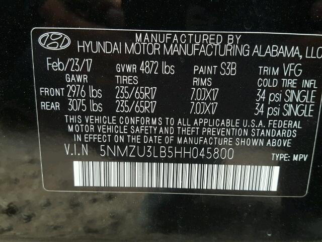 5NMZU3LB5HH045800 - 2017 HYUNDAI SANTA FE S 黑色 照片 10