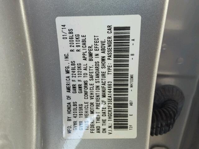 1HGCR2F35EA144663 - 2014 HONDA ACCORD LX SILVER photo 10