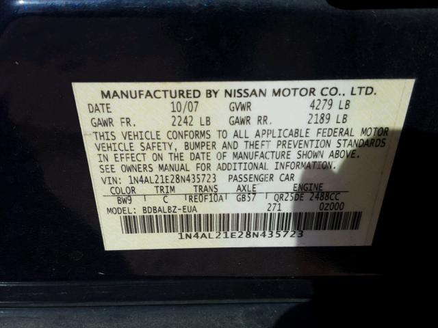 1N4AL21E28N435723 - 2008 NISSAN ALTIMA 2.5 BLUE photo 10