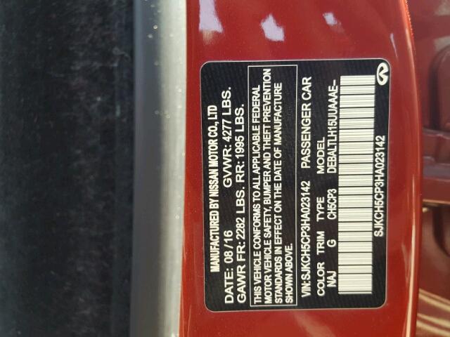 SJKCH5CP3HA023142 - 2017 INFINITI QX30 BASE RED photo 10