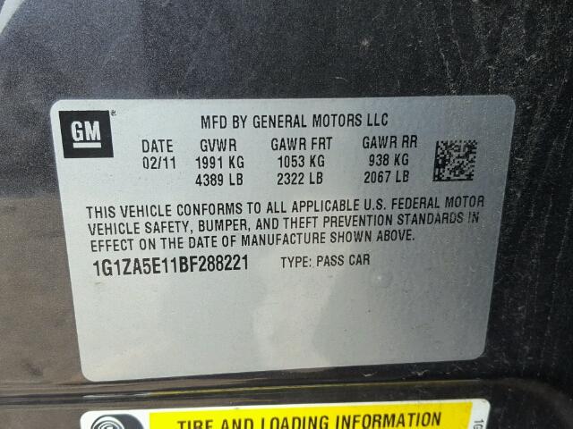 1G1ZA5E11BF288221 - 2011 CHEVROLET MALIBU LS ნაცრისფერი ფოტო 10