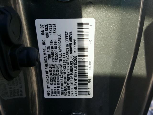 5J6YH18927L015266 - 2007 HONDA ELEMENT SILVER photo 10