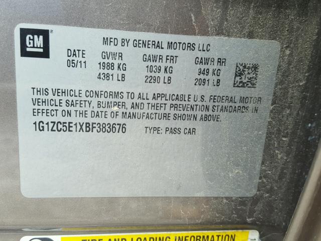 1G1ZC5E1XBF383676 - 2011 CHEVROLET MALIBU 1LT 棕色 照片 10