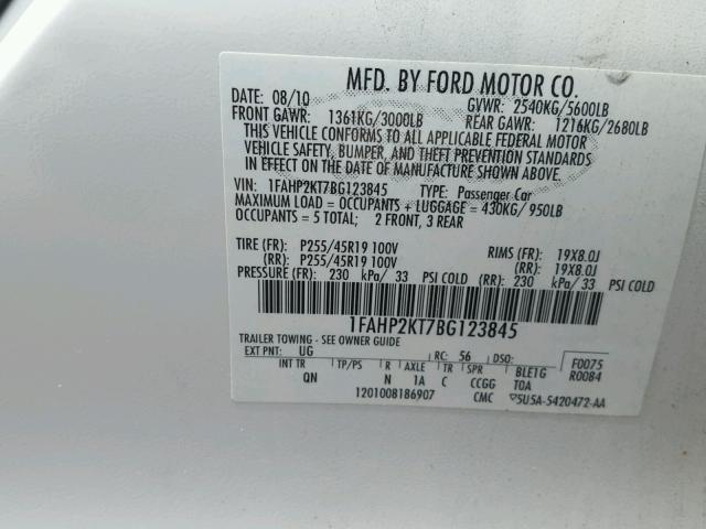 1FAHP2KT7BG123845 - 2011 FORD TAURUS SHO WHITE photo 10