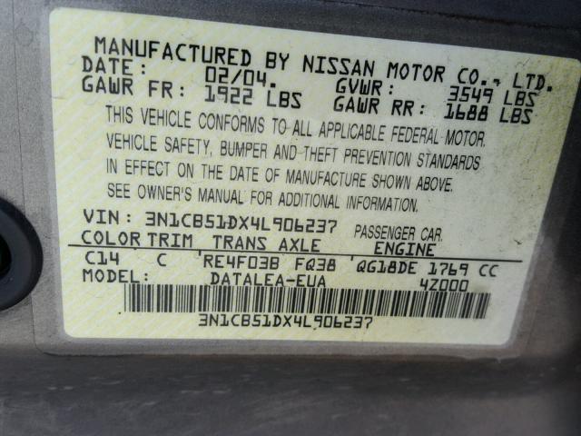 3N1CB51DX4L906237 - 2004 NISSAN SENTRA TAN photo 10