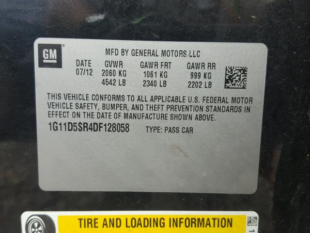 1G11D5SR4DF128058 - 2013 CHEVROLET MALIBU 1LT შავი ფოტო 10