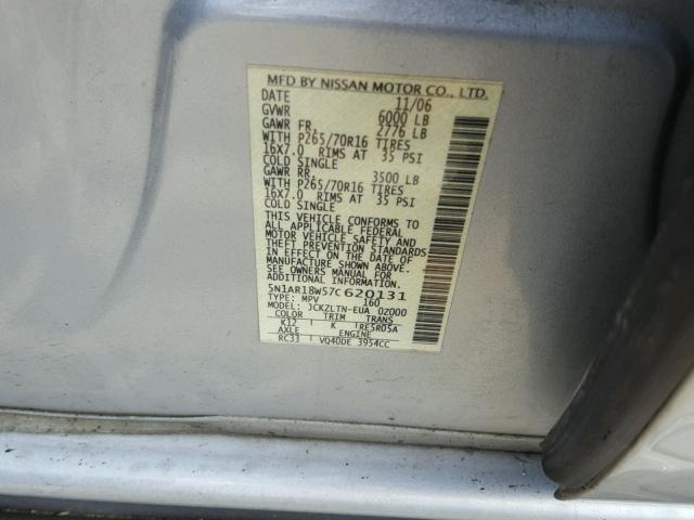 5N1AR18W57C620131 - 2007 NISSAN PATHFINDER SILVER photo 10