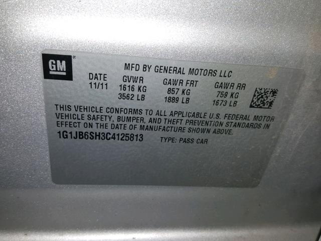 1G1JB6SH3C4125813 - 2012 CHEVROLET SONIC LS 银色 照片 10