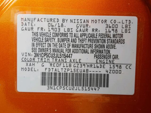 3N1CP5CU2JL515447 - 2018 NISSAN KICKS S ORANGE photo 10