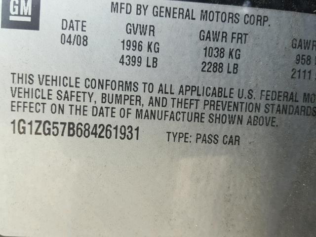 1G1ZG57B684261931 - 2008 CHEVROLET MALIBU LS შავი ფოტო 10