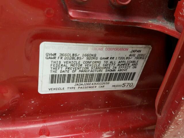 JA3AJ26E43U022658 - 2003 MITSUBISHI LANCER ES RED photo 10