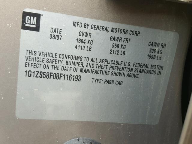 1G1ZS58F08F116193 - 2008 CHEVROLET MALIBU LS BROWN photo 10