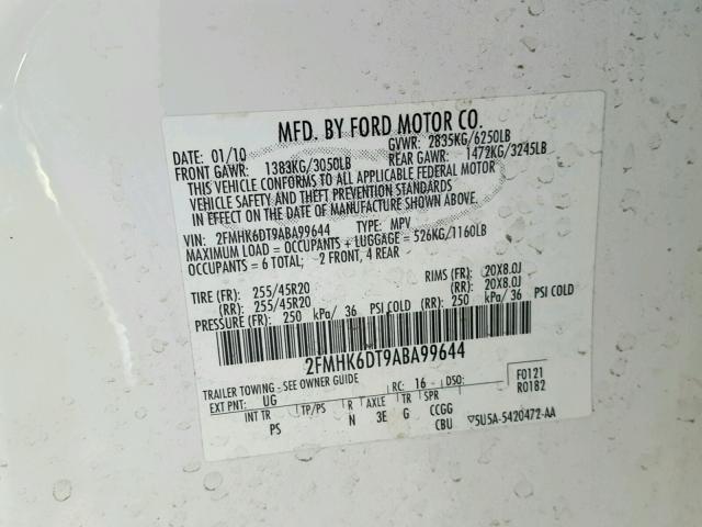 2FMHK6DT9ABA99644 - 2010 FORD FLEX LIMIT WHITE photo 10