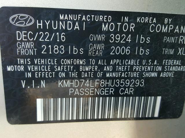 KMHD74LF8HU359293 - 2017 HYUNDAI ELANTRA GOLD photo 10