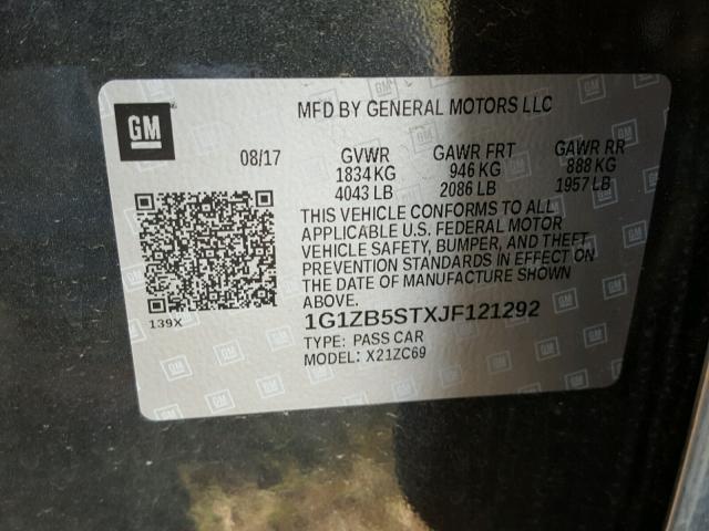 1G1ZB5STXJF121292 - 2018 CHEVROLET MALIBU LS ნაცრისფერი ფოტო 10