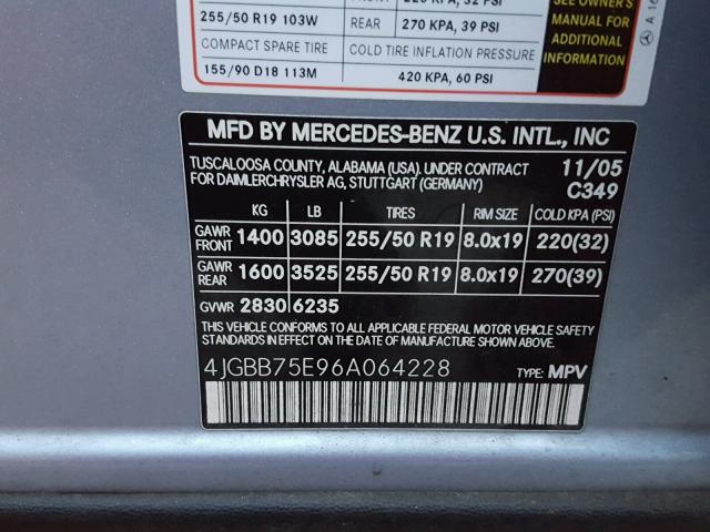 4JGBB75E96A064228 - 2006 MERCEDES-BENZ ML 500 BLUE photo 10