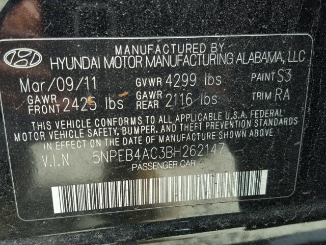 5NPEB4AC3BH262147 - 2011 HYUNDAI SONATA GLS BLACK photo 10