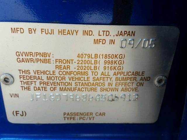 JF1GD79686G506913 - 2006 SUBARU IMPREZA WR BLUE photo 10