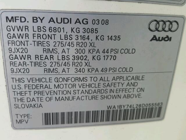 WA1BY74L28D055563 - 2008 AUDI Q7 3.6 QUA WHITE photo 10