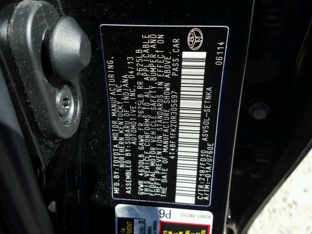 4T4BF1FK2DR305697 - 2013 TOYOTA CAMRY L BLACK photo 10