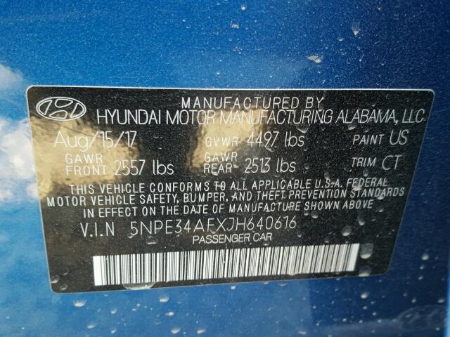 5NPE34AFXJH640616 - 2018 HYUNDAI SONATA SPO BLUE photo 10