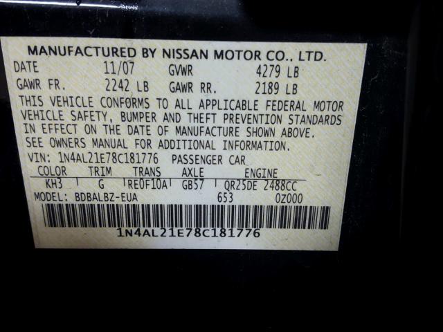 1N4AL21E78C181776 - 2008 NISSAN ALTIMA BLACK photo 10