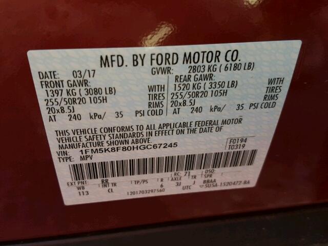 1FM5K8F80HGC67245 - 2017 FORD EXPLORER RED photo 10